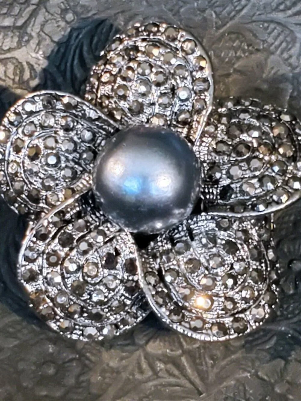 Bold Statement Gunmetal Black Gray Crystal Flower Adjustable Cocktail Ring